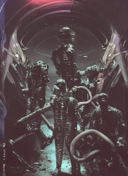 Image similar to astronauts in dark and empty void underwater - complex and hyperdetailed technical suit. reflection and dispersion materials. rays and dispersion of light. volumetric light. 5 0 mm, f / 3 2. noise film photo. flash photography. ultra realistic, wide angle. poster by wayne barlowe, hajime sorayama aaron horkey, craig mullins