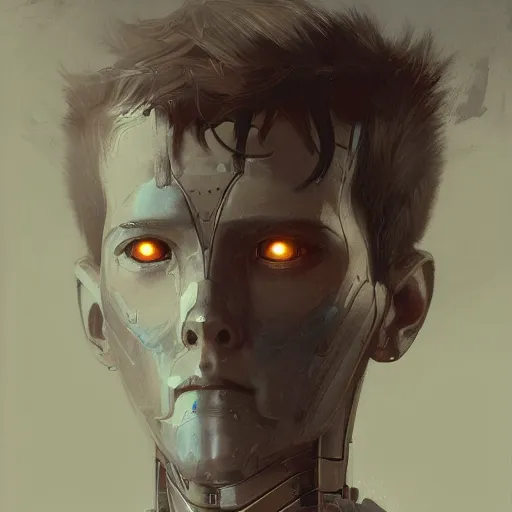 Prompt: beautiful androgynous boy turning into a robot, intricate, art by greg rutkowski, hd, high detailed, 4 k,