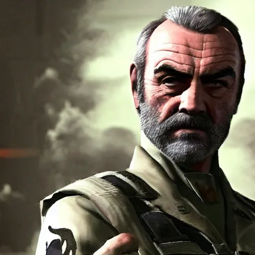 Image similar to sean connery as big boss, white hair, eye patch dim lighting