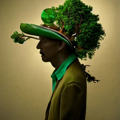 Image similar to a man in a green jacket with a tree on top of his head, a surrealist sculpture by kim keever, behance, pop surrealism, surrealist, dystopian art, whimsical