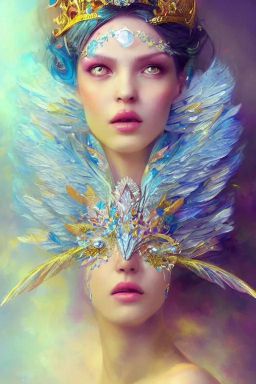 Image similar to beautiful princess with face covered with blue jewels wearing ice feathers, diamonds, angel, fantasy, yellow background beam, dramatic lighting, highly detailed, digital painting, magic the gathering, 3 d render, hyper realistic detailed portrait, peter mohrbacher, wlop, ruan jia