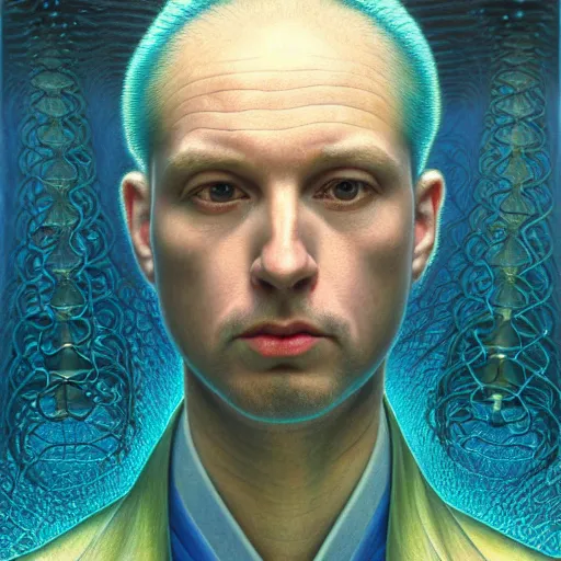 Prompt: realistic extremely detailed portrait painting of an average man with exposed clear brain case, futuristic retro,water , by aiai and beeple,Jean Delville, Amano,Yves Tanguy,Stanisław Szukalski, Alphonse Mucha, Ernst Haeckel, Edward Robert Hughes, Roger Dean, rich moody colors, blue eyes,octane render,4k,f32