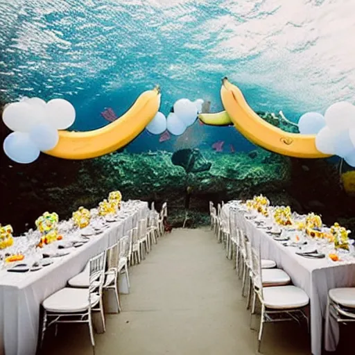 Prompt: underwater wedding reception gets destroyed by spaceship shaped as a banana