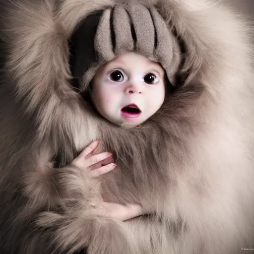 Image similar to a cute little monster baby with long fur, portrait, pixar style, extremely realistic photo, heaven background, cinematic lighting, award winning creature portrait photography