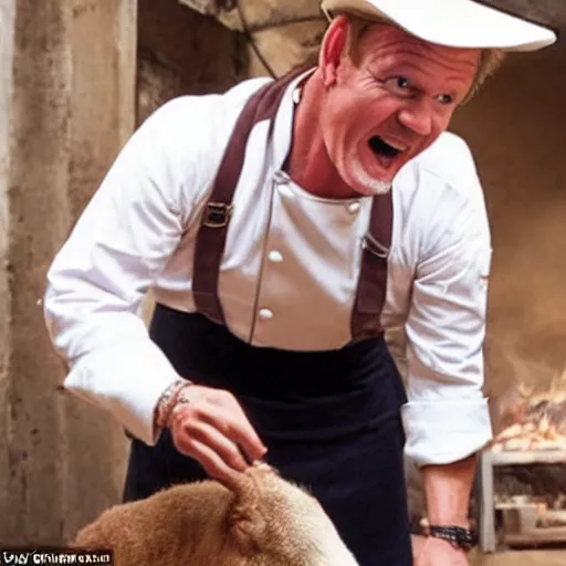 Image similar to candid shot of gordon ramsey is indiana jones finding the lamb sauce, indiana jones