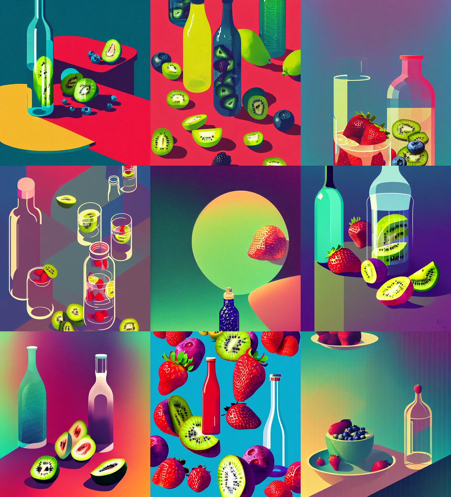 Prompt: ( ( dither ) ), editorial illustration strawberries blueberries sliced kiwi sliced lemon layered inside a clear drinking bottle, isometric, modern art deco, ( ( mads berg ) ), christopher balaskas, victo ngai, rich grainy texture, detailed, dynamic composition, wide angle, matte print, art nouveau, unreal engine