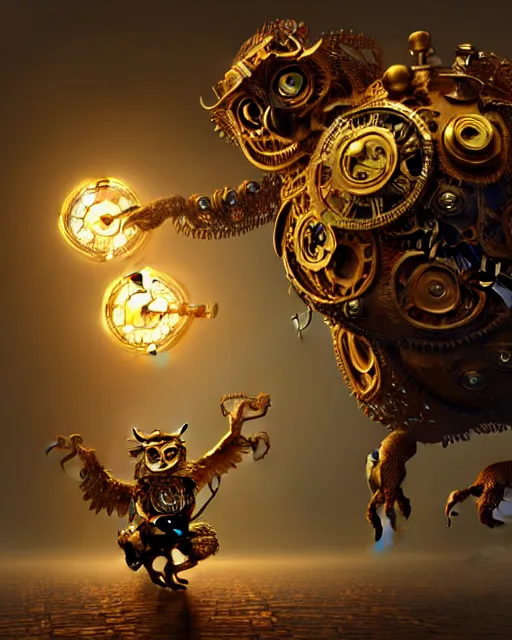 Image similar to oil painting of ornate intricate golden Steampunk owl Golem fighting chinese dragon, sharp focus, fantasy style, steampunk city background, octane render, volumetric lighting, 8k high definition, by greg rutkowski, highly detailed, trending on art Station