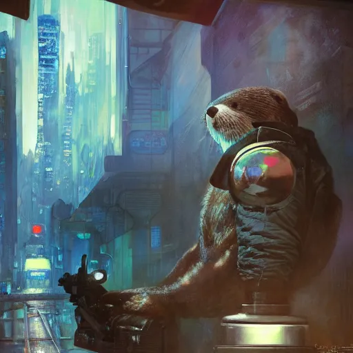 Image similar to hyperrealistic portrait of an athropomorphic otter wearing an astronaut outfit, bladerunner street, art of elysium by jeremy mann and alphonse mucha, fantasy art, photo realistic, dynamic lighting, artstation, poster, volumetric lighting, very detailed face, 4 k, award winning, cinematic lighting, deviantart, artstation, cg society