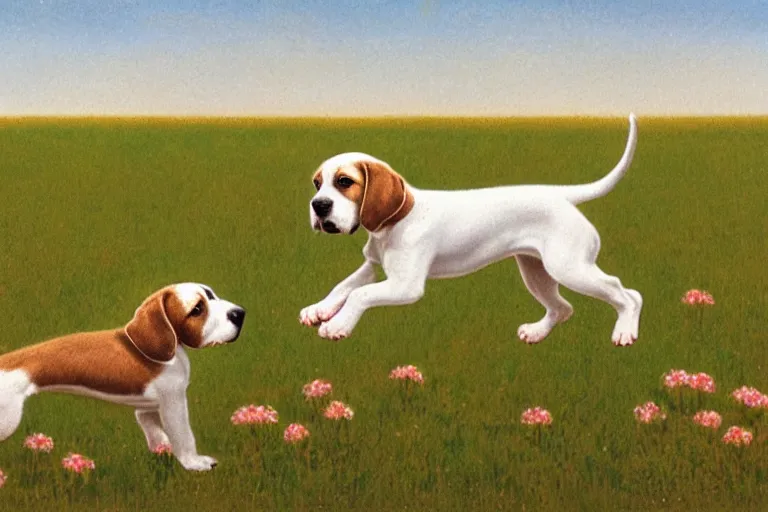 Image similar to white and brown beagle dog playing in a flowery field by Quint Buchholz