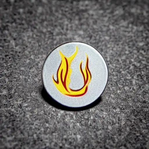 Image similar to minimalistic clean enamel pin of fire flame warning label, retro design