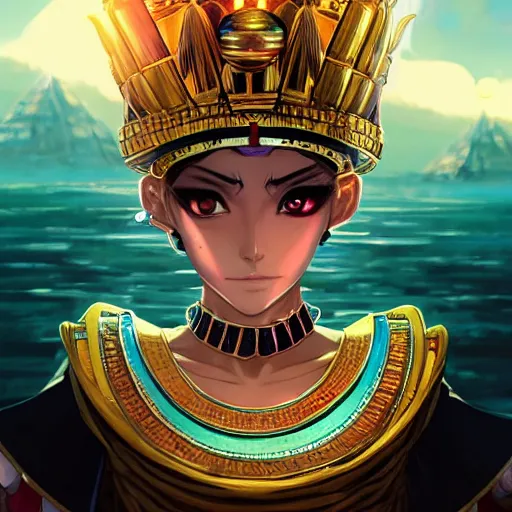 Prompt: a portrait of a smirking necromancer queen cleopatra, with pyramids and the rising sun in the background, by tite kubo and guweiz, dramatic lighting, manga cover, highly detailed, incredible quality, trending on artstation