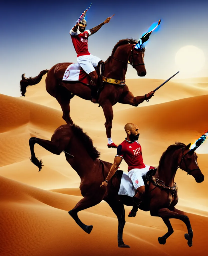 Prompt: thierry henry riding a unicorn in the desert, sharp, details, hyper - detailed, hd, 4 k, 8 k