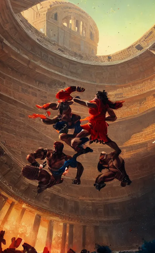 Prompt: a beautiful artwork illustration, two gladiators in a coliseum fighting, high contrast, high contrast, high contrast, vibrant colors, vivid colors, high saturation, by Greg Rutkowski and Jesper Ejsing and Raymond Swanland, featured on artstation, wide angle, vertical orientation