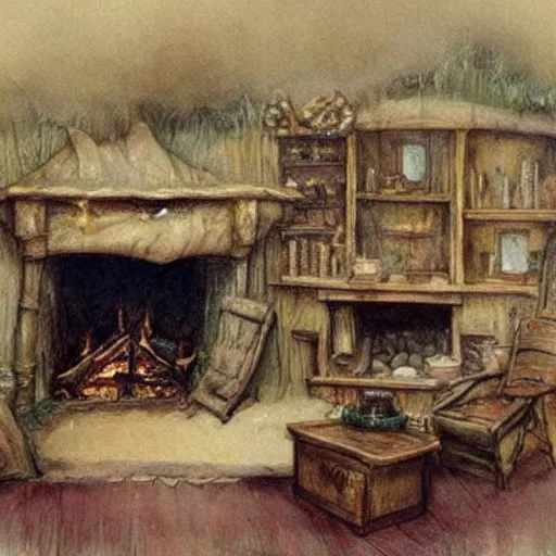 Image similar to (((((((hobbit and knome house living room with blazing fireplace))))))) . muted colors. by Jean-Baptiste Monge !!!!!!!!!!!!!!!!!!!!!!!!!!!!!!!!!!!!!!!! ((((((((((((((((((watercolor sketch))))))))))))))))))