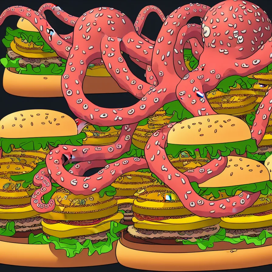 Image similar to ultra detailed anatomic illustration of a giant octopus holding many burgers, tentacles wrapped around burgers, artstation, 8 k