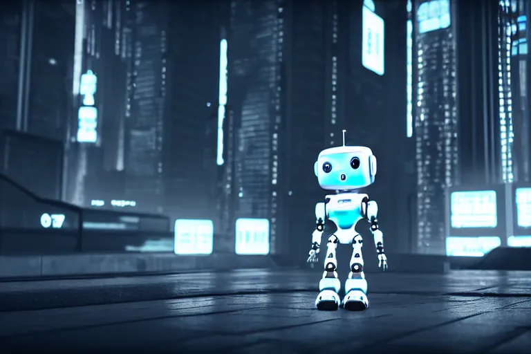 Image similar to a cute little robot in at cyberpunk city. super realistic 8 k render of a elegant, cinematic composition, black and white