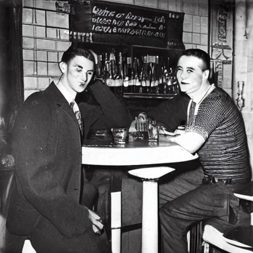 Image similar to gay couple on a bar in paris, 4 0 s, photograph