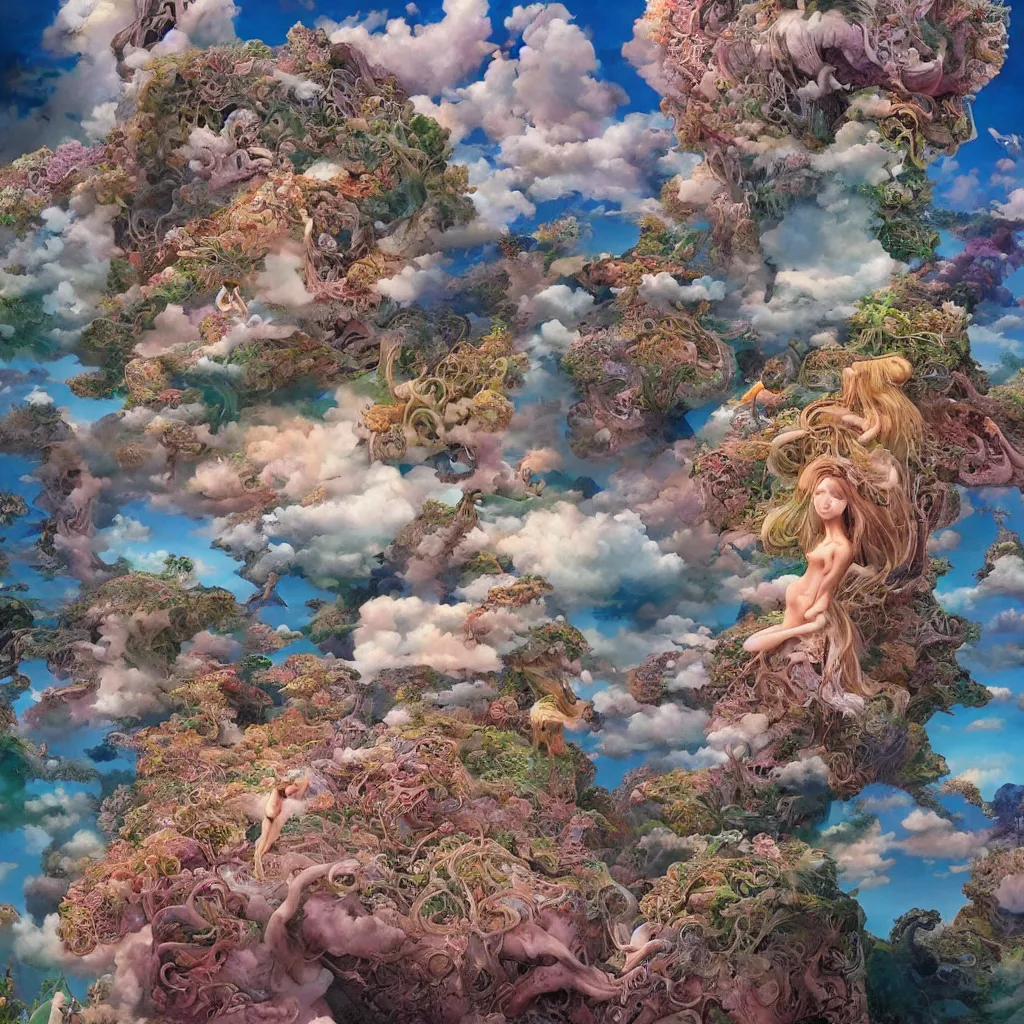 Image similar to ultrawide angle colour masterpiece surreal closeup portrait photography of gods playing on stage by miho hirano and annie leibovitz and michael cheval, weird surreal epic psychedelic complex biomorphic 3 d fractal landscape in background by kilian eng and roger dean and salvador dali and beksinski, 8 k