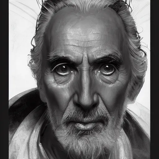 Prompt: hyperrealist portrait of christopher lee as an ancient old alien with large cruel intelligent eyes and a huge head standing in front of a computer interface by jeremy mann and alphonse mucha and alan lee, fantasy art, photo realistic, dynamic lighting, artstation, poster, volumetric lighting, very detailed faces, award winning, full face, symmetry