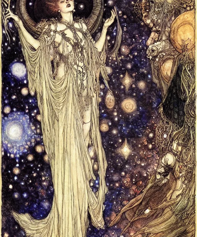 Prompt: A detailed horned many-multiplefaced-goddess stands among the cosmos. Wearing a ripped mantle-robe in cosmic texture. Blurred smudged faces, extremely high details, realistic, fantasy art, solo, masterpiece, colorful art by Arthur Rackham, Eugene de Blaas