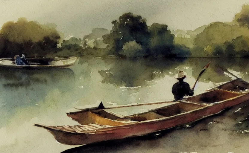 Prompt: watercolor lanscape by anders zorn, realistic, romanticism by goya, rowing boat on lake