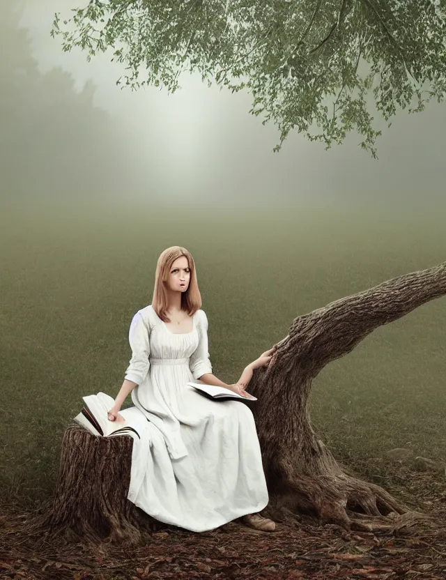 Image similar to beautiful peasant Girl in long white dress reading a book sitting on a tree in a foggy forest, Cinematic focus, Polaroid photo, vintage, neutral colors, soft lights, by Steve Hanks, by Serov Valentin, by lisa yuskavage, by Andrei Tarkovsky 8k render, detailed, oil on canvas