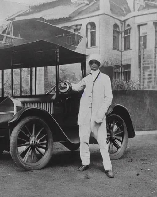 Image similar to 1 9 2 0 s photo of a person standing next to a tesla model t