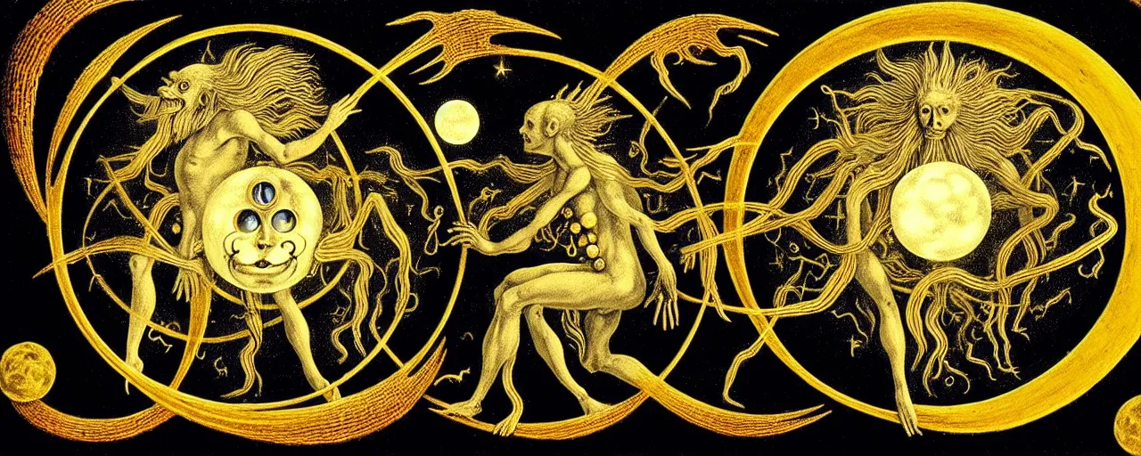 Image similar to a strange alchemical homunculus creature with a mouth of gold radiates a unique canto'as above so below'to the moon, while being ignited by the spirit of haeckel and robert fludd, breakthrough is iminent, glory be to the magic within, in honor of saturn, painted by ronny khalil