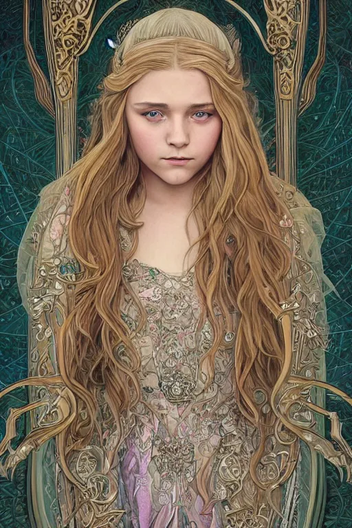 Prompt: a full body art nouveau portrait of a 16-year old girl who resembles Chloe Grace Moretz and Saoirse Ronan with a worried, intense gaze, wearing sheer silks and ornate intricate iridescent mother-of-pearl jeweled armor, intricate, elegant, highly detailed, digital painting, artstation, concept art, smooth, sharp focus, illustration, art by John William Waterhouse and William Adolphe Bouguereau and Donato Giancola and Alphonse Mucha