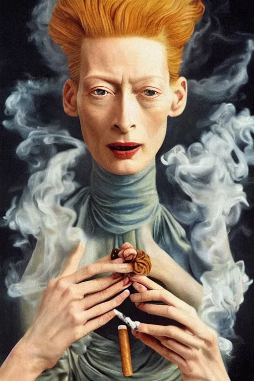 Prompt: symmetry!! photorealistic painting of tilda swinton as assumpta corpuscularia lapislazulina smocking a cuban cigar and puffing out smoke by salvador dali, hyperdetailed, centered, symmetric, masterpiece, surrealism
