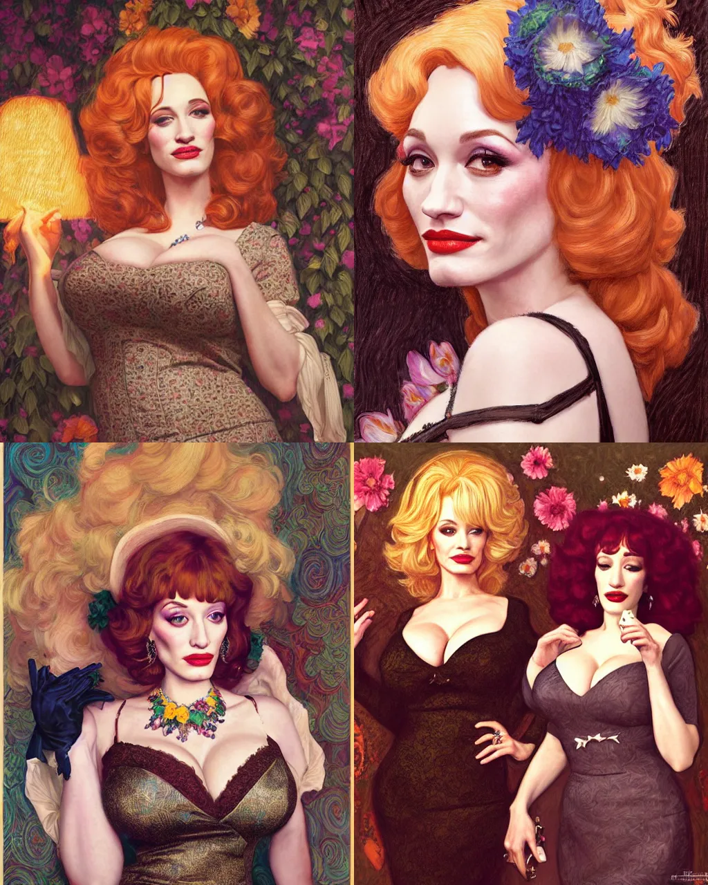 Prompt: sophisticated portrait of Christina Hendricks Dolly Parton Kat Dennings, 1960s flower power hippy, very smoky Paris bar, elegance, highly detailed, shallow depth of field, Artstation, Artgerm, Donato Giancola and Joseph Christian Leyendecker