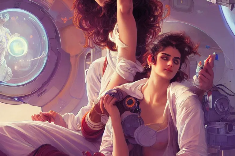 Image similar to Sensual good looking pale young Indian doctors wearing jeans partying in a space station above Earth performing surgery, portrait, elegant, intricate, digital painting, artstation, concept art, smooth, sharp focus, illustration, art by artgerm and greg rutkowski and alphonse mucha