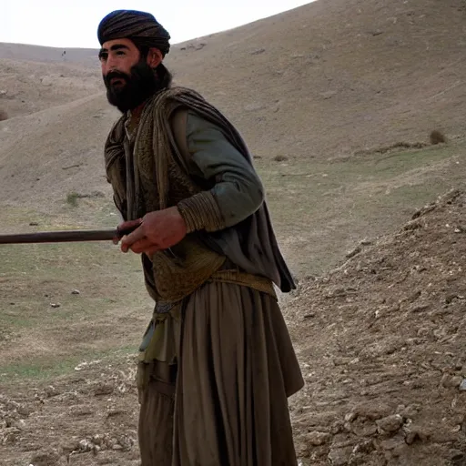 Image similar to Kurdish shepherd wearing Kurdish clothes in a movie directed by Christopher Nolan, movie still frame, promotional image, imax 70 mm footage