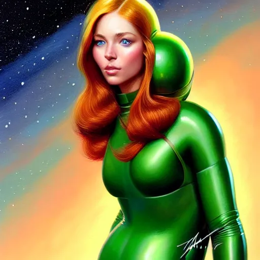 Prompt: a portrait of a very beautiful woman in a spacesuit, Alexandria\'s genesis, shoulder-length red-blonde hair, brilliant green eyes, bored, illustration, soft lighting, soft details, painting oil on canvas by mark arian by artgerm, trending on artstation, 4k, 8k, HD