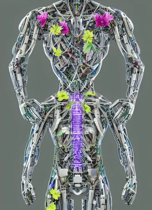 Image similar to a hybrid humanoid cyborg built with cybernetic material and wood, herbs and multicolored flowers, hyperspectral imaging, multispectral imaging, perspective, colorful, spectral color, refractive,