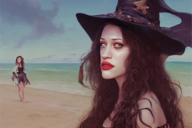 Image similar to A portrait of Kat Dennings as a Witch at a Beach by Ruan Jia and Mandy Jurgens and Artgerm and william-adolphe bouguerea, highly detailed, trending on artstation, award winning, H 768