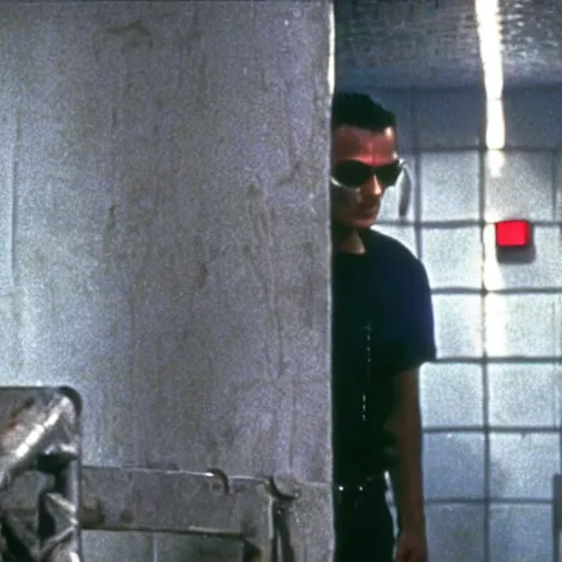 Image similar to film still of leonardo di caprio as t - 1 0 0 0 walking through bars in prison scene in terminator 2 1 9 9 1