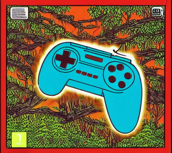 Image similar to snes cartrige cover art of a blue glitchy hand in the forest