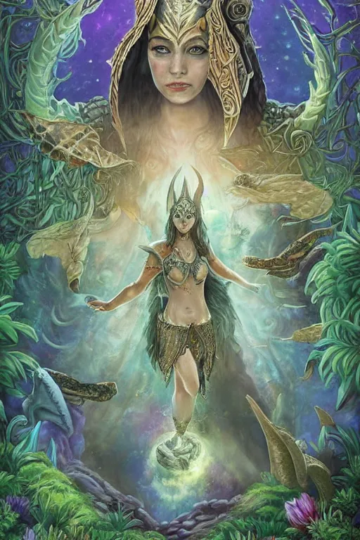 Image similar to A fantasy book style portrait painting of the Great Turtle Island at the center of the Universe, accompanied by a hybrid of, Anya_Taylor-Joy, Cory Chase, as a Mystical Valkyrie, Anubis-Reptilian, Atlantean Warrior, Cozy, hotspring hidden in a Cave, candlelight, towels, cushions, natural light, lush plants and flowers, elegant, smooth cave rock, fantasy, atmospheric lighting, digital painting, François Boucher, Oil Painting, Crisp clear resolution, unreal 5, DAZ, hyperrealistic, octane render, Regal, Refined, Detailed Digital Art, RPG portrait, William-Adolphe Bouguereau, Michael Cheval, Walt Disney (1937), Steampunk, Volumetric Golden dappled dynamic lighting, Highly Detailed, Cinematic Lighting, Unreal Engine, 8k, HD