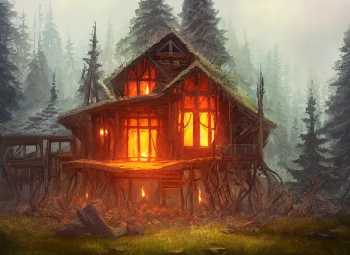 Prompt: a house made of woods explodes, in a mystical forest full of wonders, pine trees, magical atmosphere, trending on artstation, 30mm, by Noah Bradley trending on ArtStation, deviantart, high detail, stylized portrait H 704