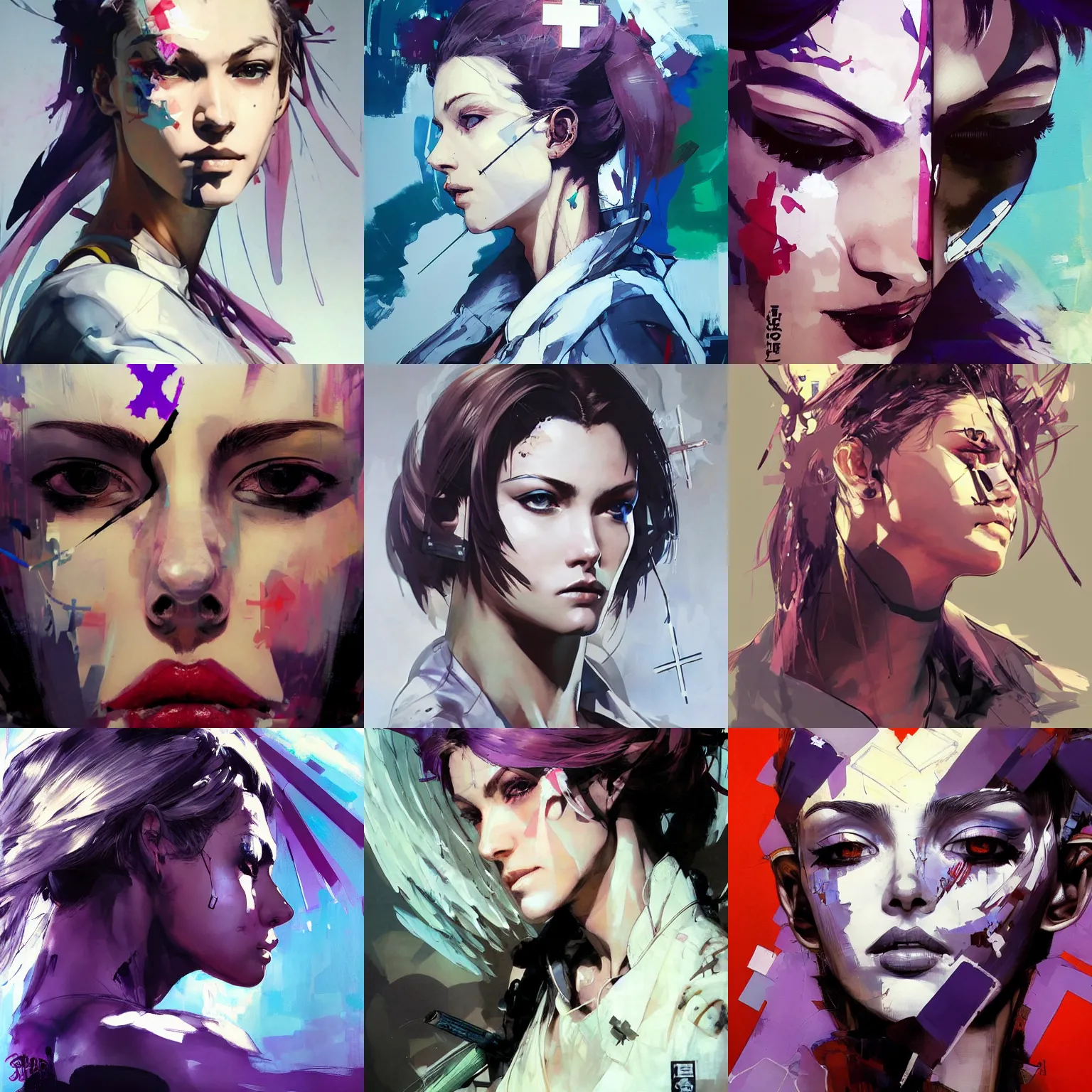 Prompt: a beautiful side portrait painting of an angelical nurse. she has a purple cross in her forehead. looks like an angel. art by yoji shinkawa and sandra chevrier, trending on artstation, award - winning, perfect composition.