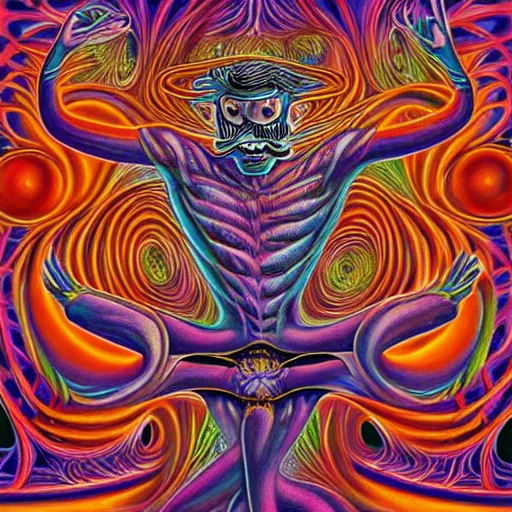 Image similar to waluigi becomes a fractal, painted by alex grey. psychedelic visionary art