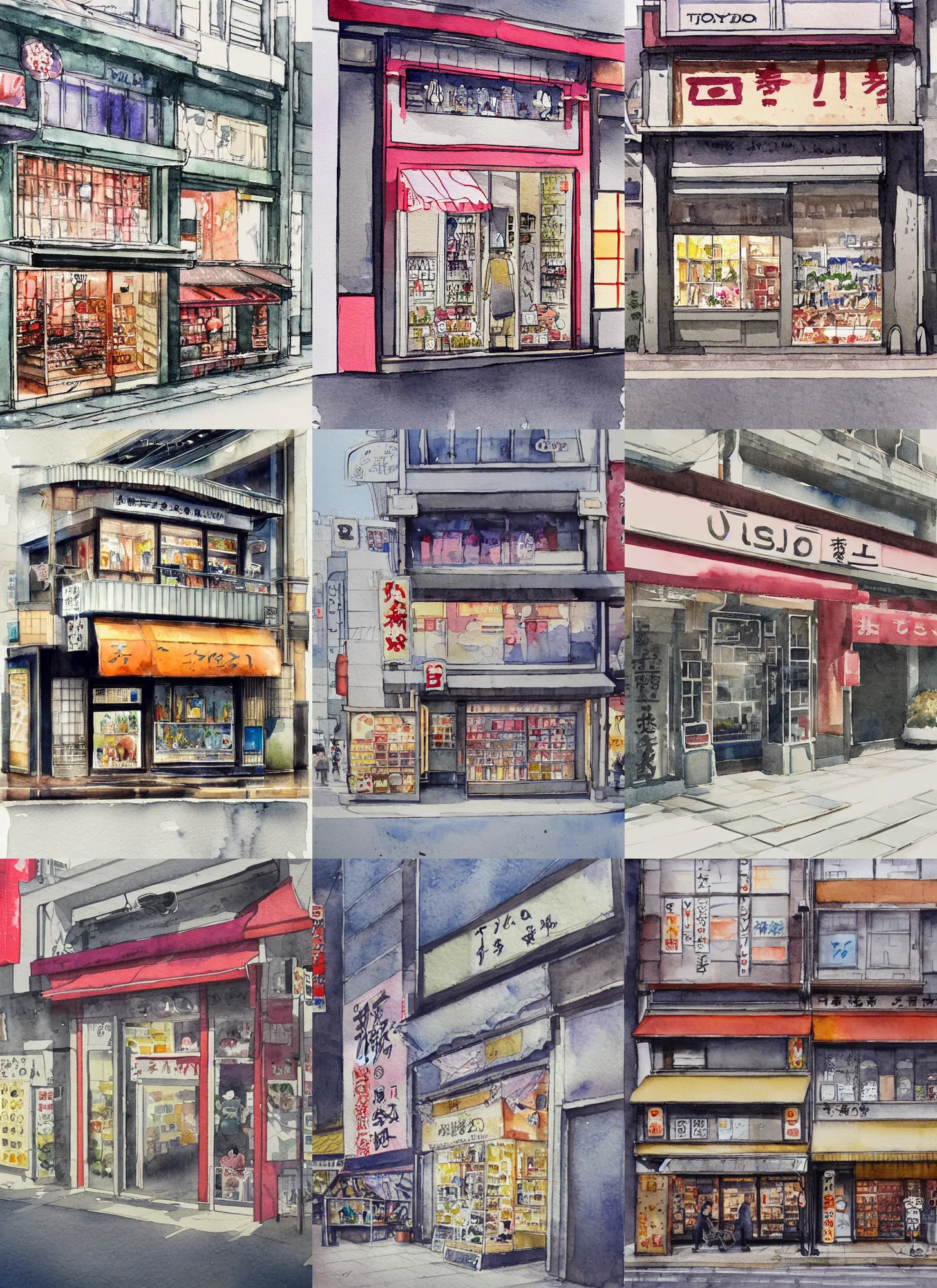 Prompt: beautiful watercolor painting of tokyo storefront by mateusz urbanowicz