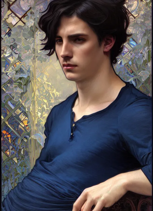 Image similar to handsome young man with short black hair, male, dressed in blue, looking down, half body shot, arms down, path traced, highly detailed, high quality, digital painting, bastien lecouffe - deharme, alphonse mucha, art nouveau