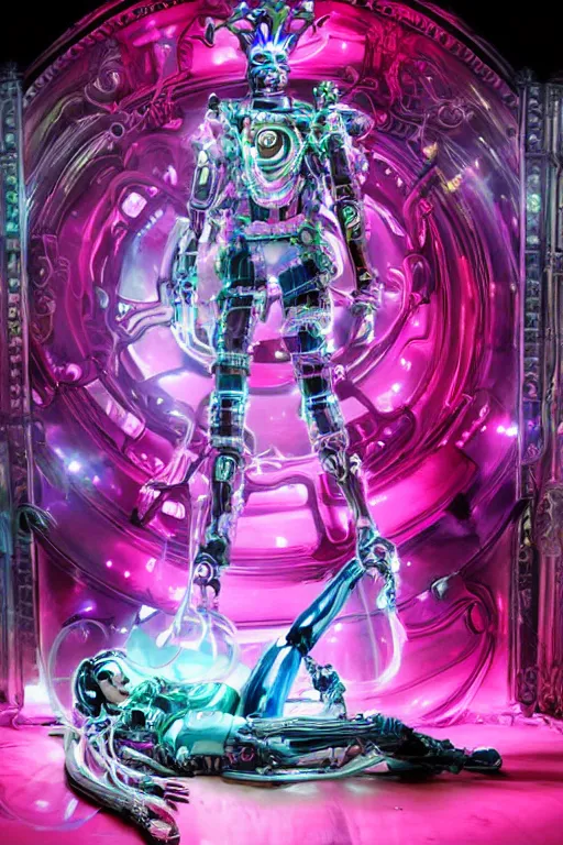 Image similar to full-body rococo and cyberpunk style neon statue of a young attractive Colby O'Donis macho dotado e rico android sim roupa reclining con las piernas abertas e la piroca dura, glowing white laser eyes, prince crown of pink gears, diamonds, swirling silver-colored silk fabric. futuristic elements. full-length view. space robots. human skulls. intricate artwork by caravaggio. Trending on artstation, octane render, cinematic lighting from the right, hyper realism, octane render, 8k, depth of field, 3D