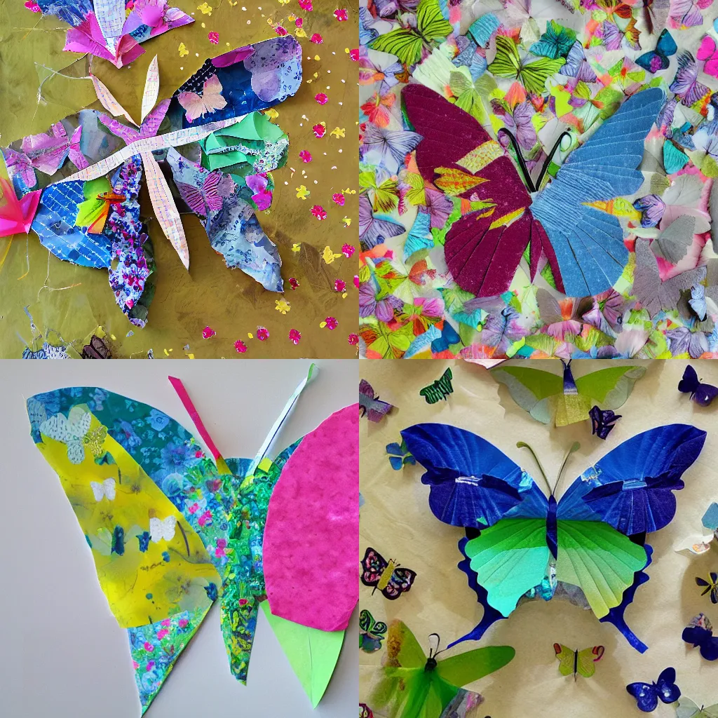 Prompt: Tissue paper butterfly in a meadow of collaged textiles