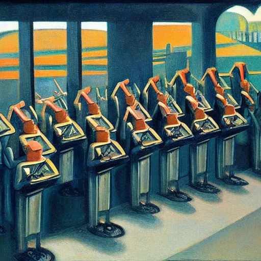 Prompt: robotic choir in an amphitheater, pj crook, grant wood, edward hopper, syd mead, chiaroscuro, oil on canvas