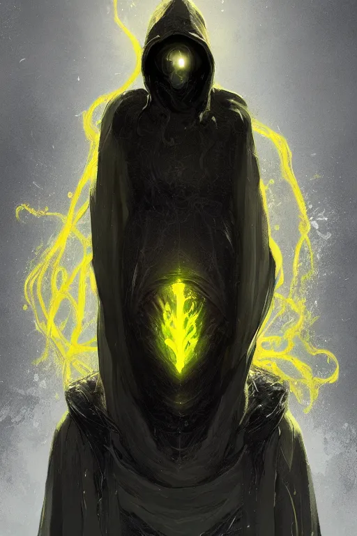 Prompt: A full body portrait of a mysterious character with no face with a very long yellow hooded cloak with tentacles coming out the bottom art by Maciej Kuciara and Jason Chan, ominous, cosmic horror, trending on artstation, Ultra detailed, hyper realistic 4k