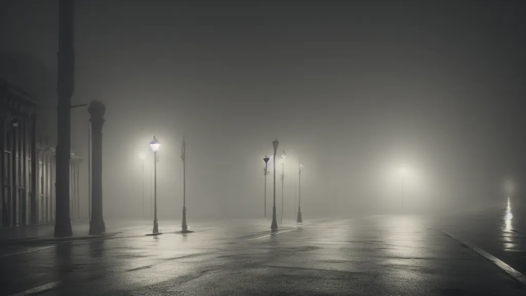 Prompt: photograph of a foggy city at night by henri prestes, 4 k resolution