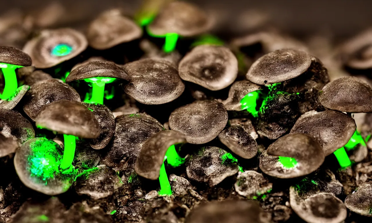 Image similar to a macro shot of bioluminescent mushrooms, dof, 4k, bokeh, acid pixie